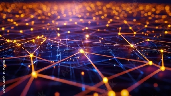 Fototapeta A 3D rendering of a global virtual server network with interconnected nodes and glowing connections.