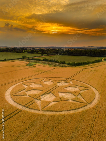 Obraz Aerial view of an intricate geometric crop circle formation in a wheat field near Marten in Wiltshire, England, UK