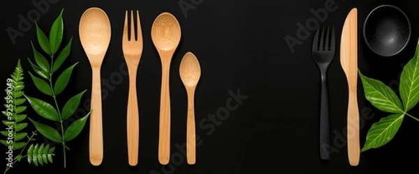 Fototapeta Natural Eco-Friendly Disposable Utensils Made Of Bagasse And Bamboo, Highlighting Sustainable Alternatives