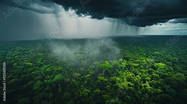 Fototapeta A stunning aerial view of a lush green rainforest under dark storm clouds. Raindrops fall gently as mist rises above the treetops, creating a serene and dramatic landscape. AI