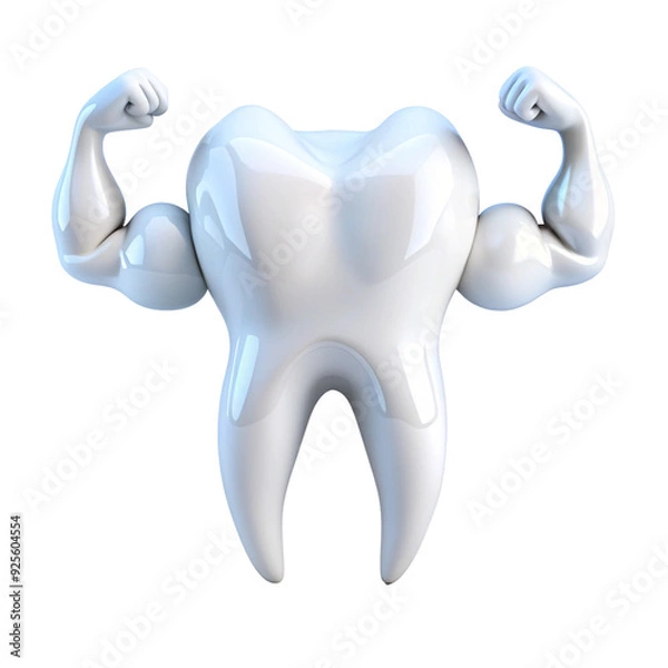 Fototapeta Strong and happy teeth character showing muscles, teeth and 3D transparent background Generative AI