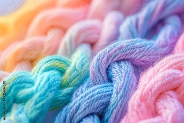 Fototapeta Colorful strands of braided yarn displayed under soft sunlight