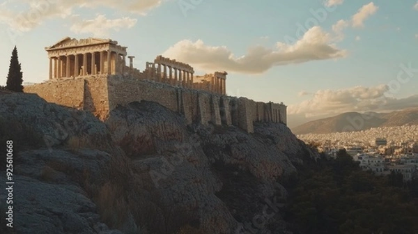 Fototapeta Majestic view of the ancient Acropolis in Athens during golden hour. Showcasing neoclassical architecture and rich history. Ideal for travel, history, and culture enthusiasts. AI