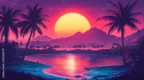Fototapeta A vibrant sunset over a tranquil lake surrounded by palm trees and mountains.
