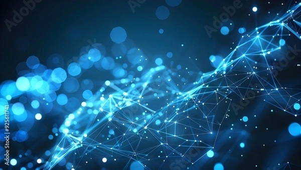 Obraz Abstract background with blue digital connections, data technology and global network concept on dark background.