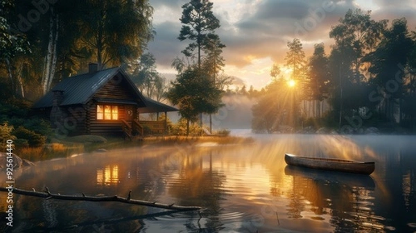 Fototapeta beautiful sunrise on a lake with fog surrounded by forest and a cabin