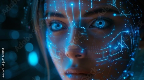 Fototapeta A futuristic digital portrait featuring a woman's face illuminated by glowing blue circuitry patterns, expressing a blend of technology and human emotion