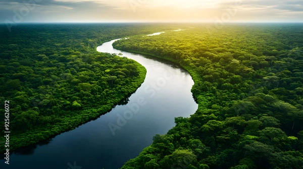 Fototapeta Aerial view of a winding river through lush green rainforest.