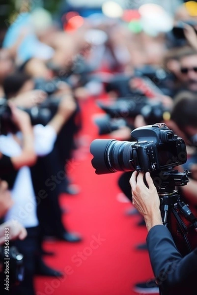 Fototapeta Photographers line up on the red carpet, capturing moments at a high-profile event, with cameras ready for the perfect shot.
