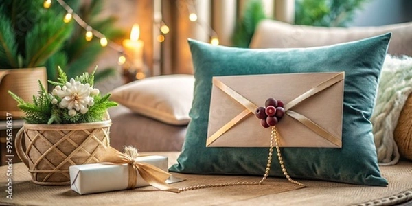 Fototapeta a customized product with a name tag on a velvet cushion, surrounded by styled decorations and a bespoke envelope nearby.