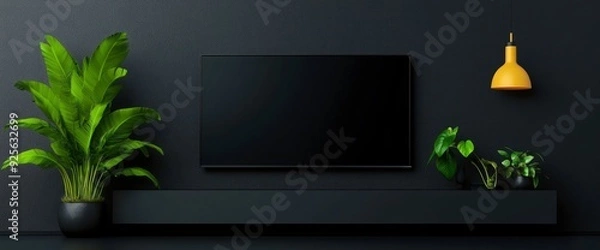 Fototapeta Modern Living Room With Smart Tv, Sofa, Lamp, And Plant