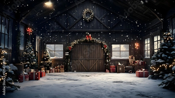 Obraz Cozy winter scene with Christmas decorations and gifts.