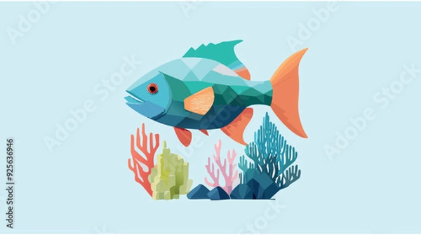 Fototapeta blue fish checkered style with corals in the background