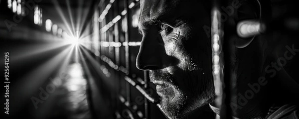 Obraz A convict reflecting in a dimly lit prison cell, iron bars casting shadows, creating a sense of solitude, Noir, Monochrome, High contrast