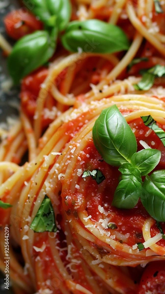 Fototapeta Close up photo of a plate of spaghetti with marinara sauce