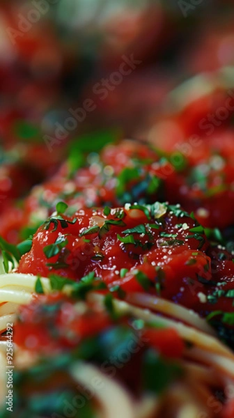 Fototapeta Close up photo of a plate of spaghetti with marinara sauce