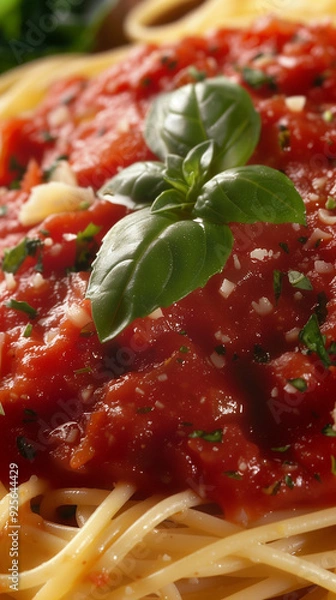 Fototapeta Close up photo of a plate of spaghetti with marinara sauce