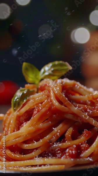 Fototapeta Close up photo of a plate of spaghetti with marinara sauce