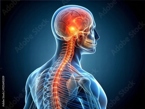 Fototapeta Medical 3D x-ray illustration of a human spine and brain, painful nerves are highlighted in red