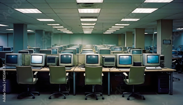 Fototapeta 1990 Year School Computer Laboratory with Outdated Technology, Dusty Keyboards, and Faded Screens, Reflecting the Old Era of Digital Learning