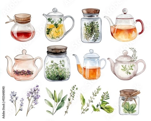Obraz A beautiful collection of watercolor tea pots and jars with herbs and fruits, perfect for any herbal or tea themed project.