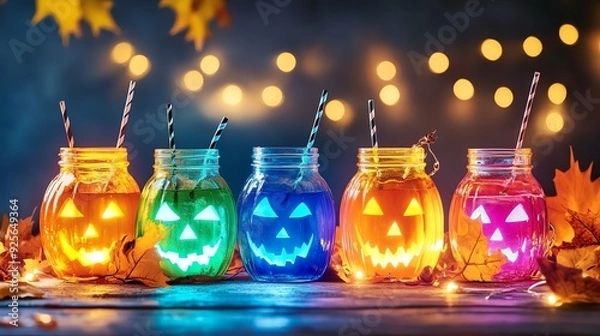 Obraz Colorful Halloween jars with spooky faces and glowing lights, perfect for festive autumn decoration and celebrations.