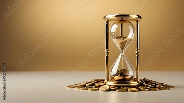 Obraz Golden hourglass with gold coins spilling out.
