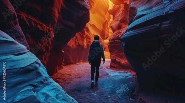 Fototapeta People walking through the colorful valley at dusk add to the feeling of solitude.