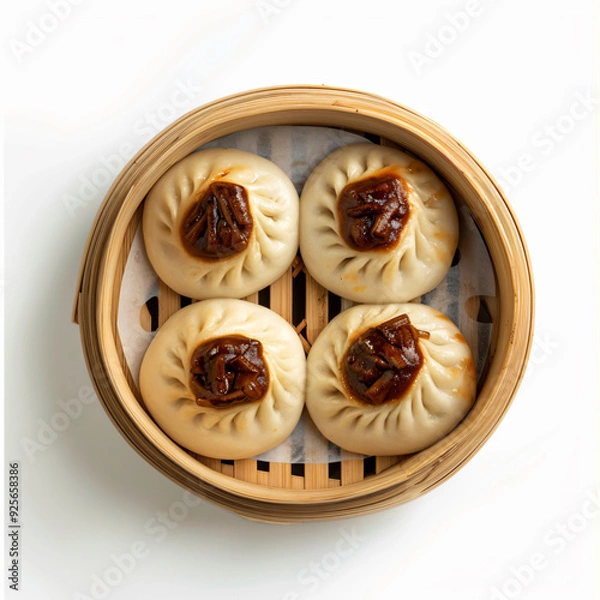 Obraz a wooden basket filled with dumplings and sauce