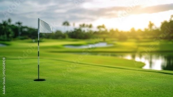 Fototapeta A golf flagstick positioned on a lush green, with a scenic view of the golf course in the background.