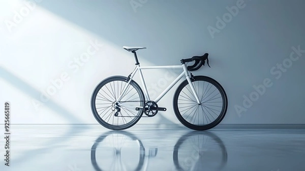 Fototapeta Minimalist white road bicycle, sleek modern design, clean white wall background, reflective white floor, single speed bike, drop handlebars, thin tires, elegant simplicity, showroom display.