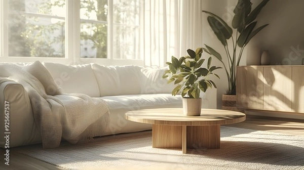 Fototapeta Sleek white sofa, light wood coffee table, soft natural light, potted green plant, clean lines, high-resolution photograph, contemporary interior design, airy atmosphere, neutral color palette.