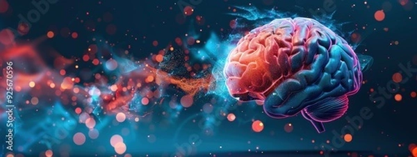 Obraz A brain with red and blue colors is shown in a blurry background. The brain is surrounded by a lot of dots, which gives the impression of a brain explosion. Concept of chaos and confusion