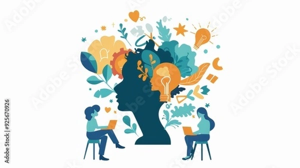 Fototapeta A woman is sitting in front of a computer with a man sitting next to her. The image is a representation of the importance of collaboration and teamwork in the workplace