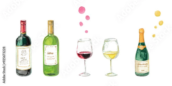 Obraz 水彩絵の具で描いたワインのセット
