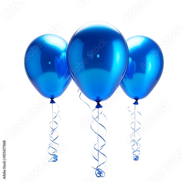 Obraz A trio of helium balloons painted in striking, glossy blue floats majestically against a stark, pure white backdrop, ai digital painting