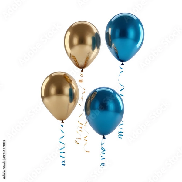 Obraz A trio of helium balloons painted in striking, glossy blue floats majestically against a stark, pure white backdrop, ai digital painting