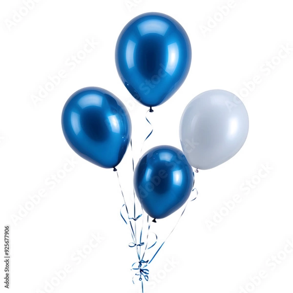 Obraz A trio of helium balloons painted in striking, glossy blue floats majestically against a stark, pure white backdrop, ai digital painting