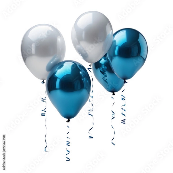 Obraz A trio of helium balloons painted in striking, glossy blue floats majestically against a stark, pure white backdrop, ai digital painting