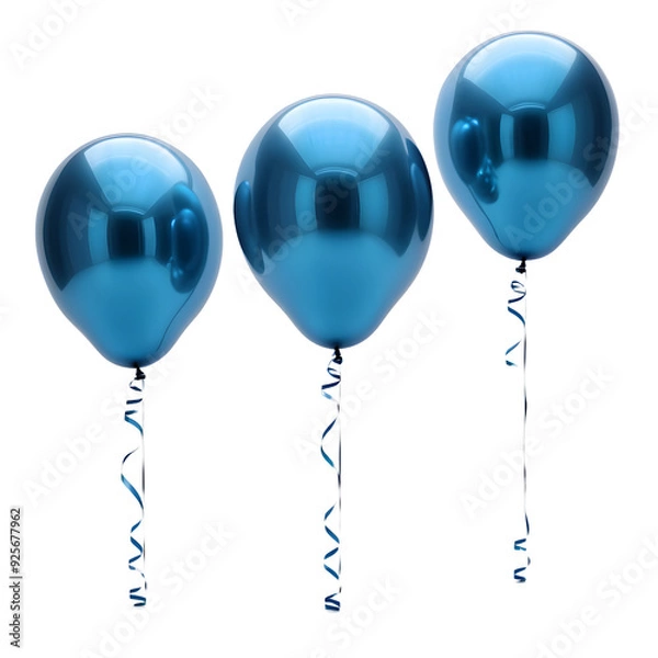 Obraz A trio of helium balloons painted in striking, glossy blue floats majestically against a stark, pure white backdrop, ai digital painting