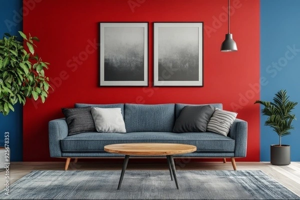Fototapeta Minimalistic living room interior in red, gray, and blue with abstract wall art and elegant sofa