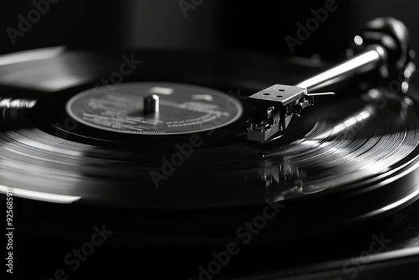 Fototapeta Detailed close up of a turntable with a vinyl record spinning for precise photography capture