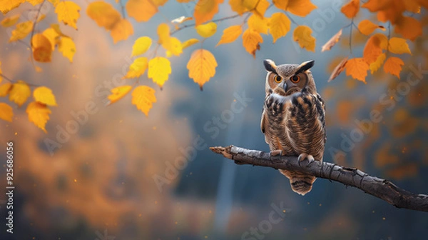 Fototapeta A serene forest scene with an owl perched on a branch, encircled by the vivid colors of autumn leaves.