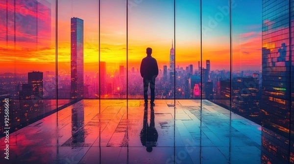 Obraz Businessman Silhouette Standing in a Skyscraper Looking at the Sunset.