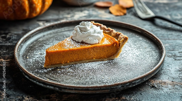 Fototapeta A Slice of Pumpkin Pie on Rustic Plate Autumn Thanksgiving Concept