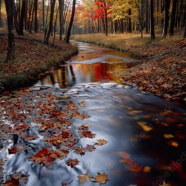 Fototapeta 川で流れる紅葉