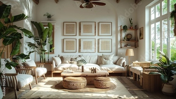 Fototapeta A modern living room with plush sofas and a stunning view creates a comfortable and inviting space