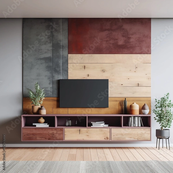 Fototapeta Rusticcore Wall Unit for TV with Minimalist Design for Interior Decor Mockup