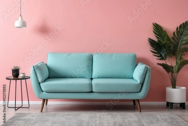 Fototapeta Teal Sofa Against a Pink Wall with Minimalist Decor