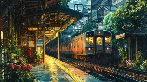 Fototapeta A tranquil anime-style train station with a train arriving, featuring vibrant colors and intricate details in a peaceful scene.